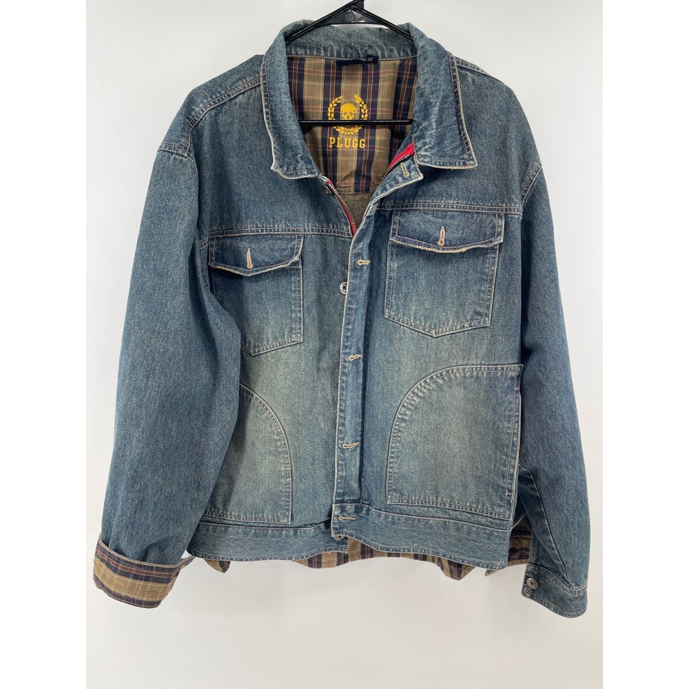 Plugg Jeans Mens Denim Jacket Grunge Plaid‎ Flannel Lined Blue Trucker Lg